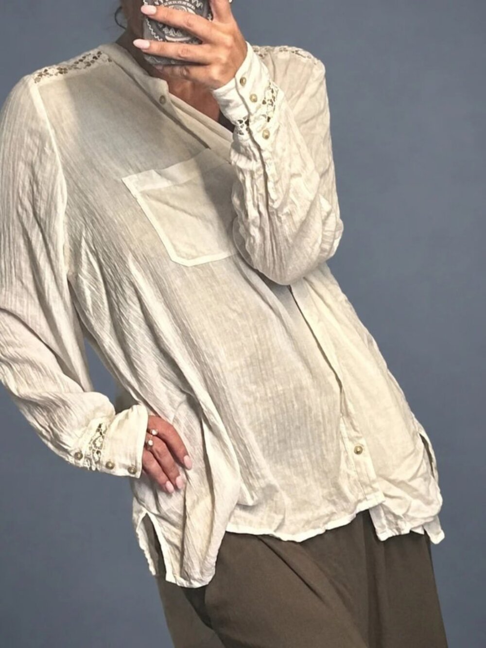 Ivory Lace Panel Button-Down Blouse with Flowing Sleeves, Women’s L / US 12–14